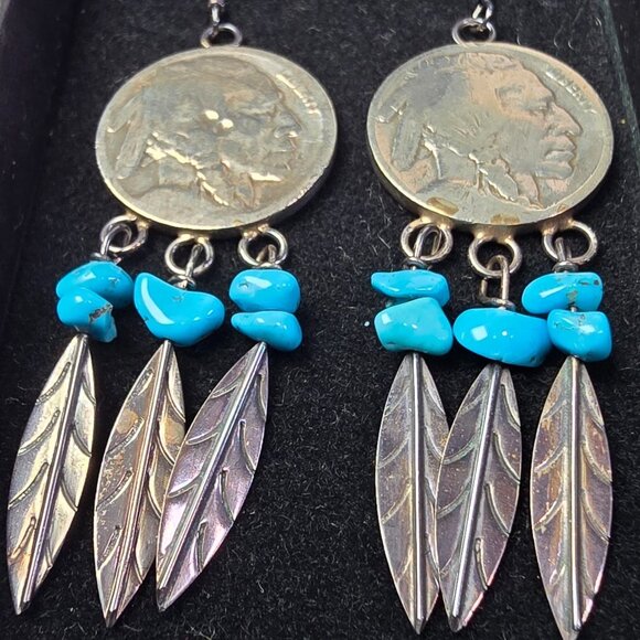 Vintage Navajo Sterling Buffalo Nickel Turquoise Feather Dangle Earrings Native - Picture 6 of 9